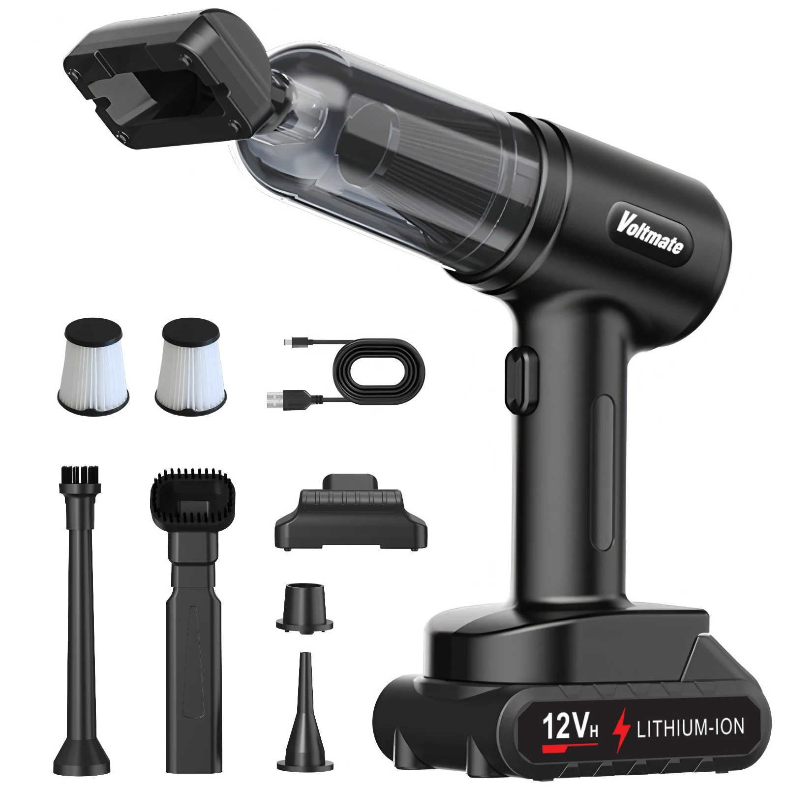 Voltmate 16000Pa 2단 조절 BLDC 강력 무선 리튬 배터리 핸디 차량용 청소기 LED 조명 배터리 잔량 표시 Type-C 포트, 블랙, VC033
