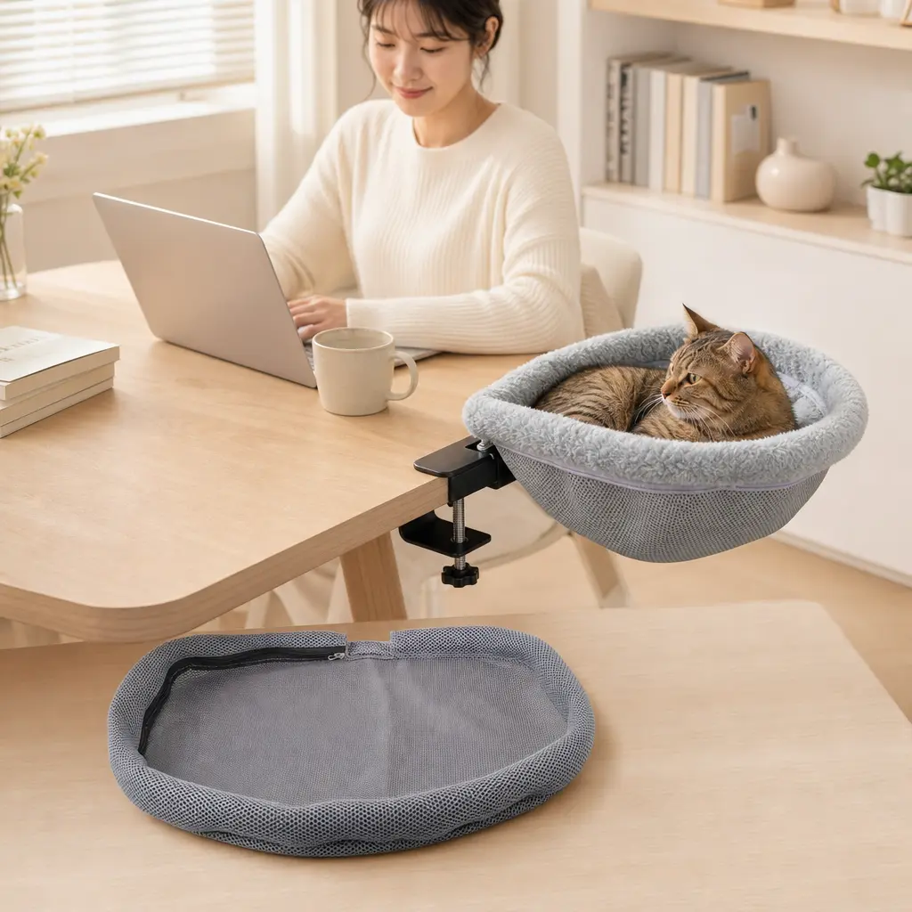 YAPOGI 따뜻한 무타공 고양이 해먹 책상옆 반려묘 침대, 1개, 그레이