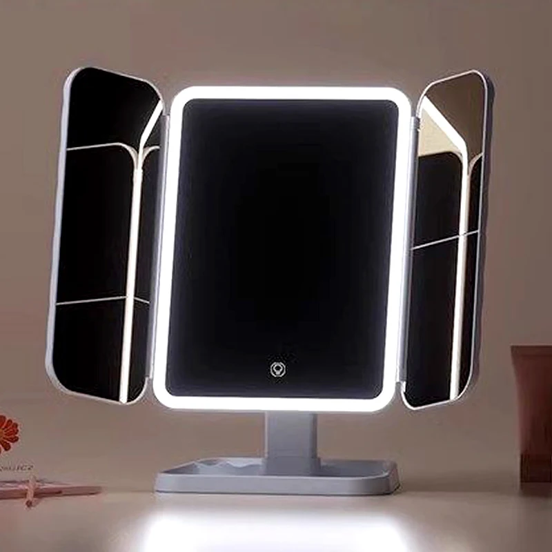 플랜와이 무선 접이식 LED 화장 조명 탁상 거울, 화이트