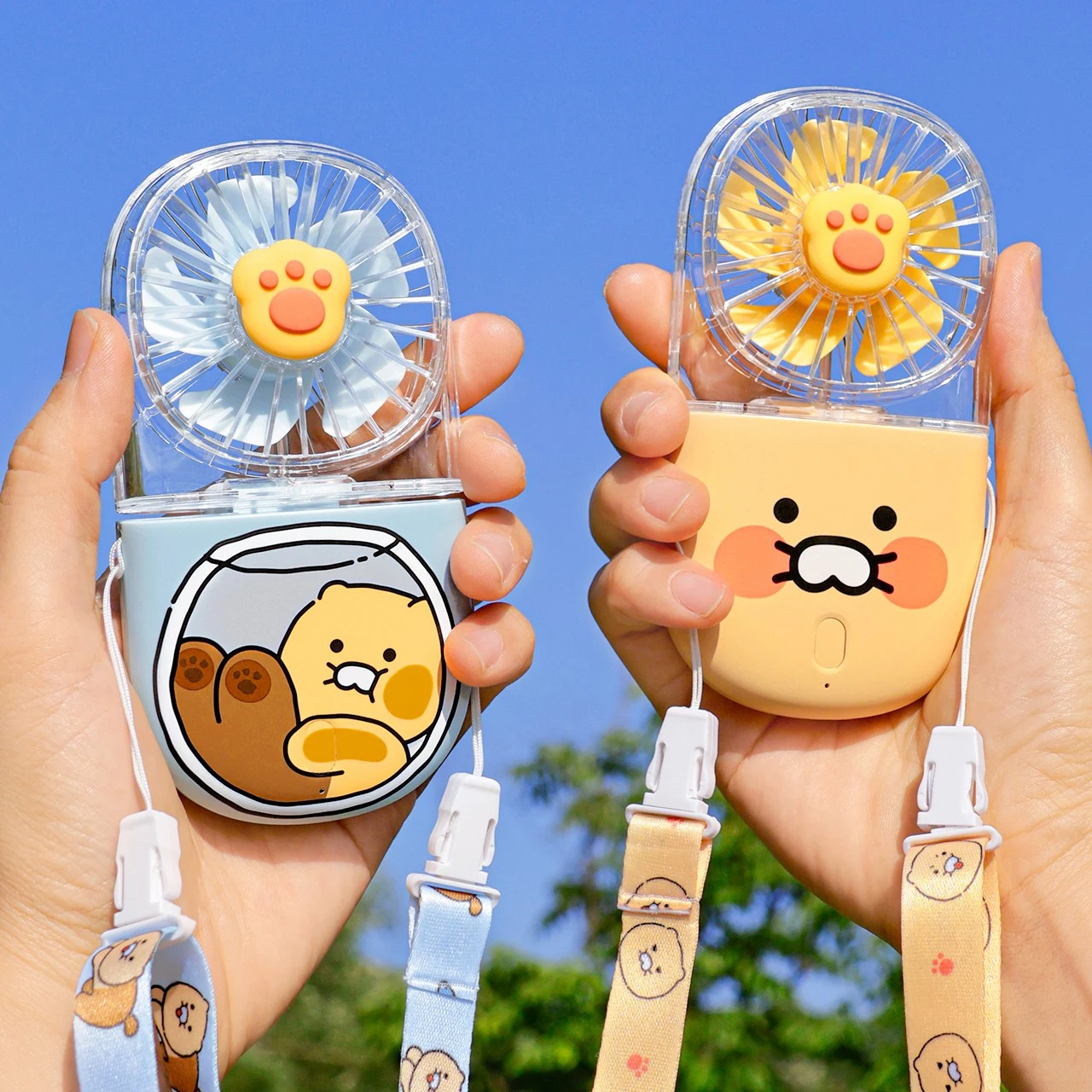 카카오프렌즈 춘식이 접이식 선풍기 목걸이형 탁상형 하늘색 미니 여름, 단일상품, 옐로우