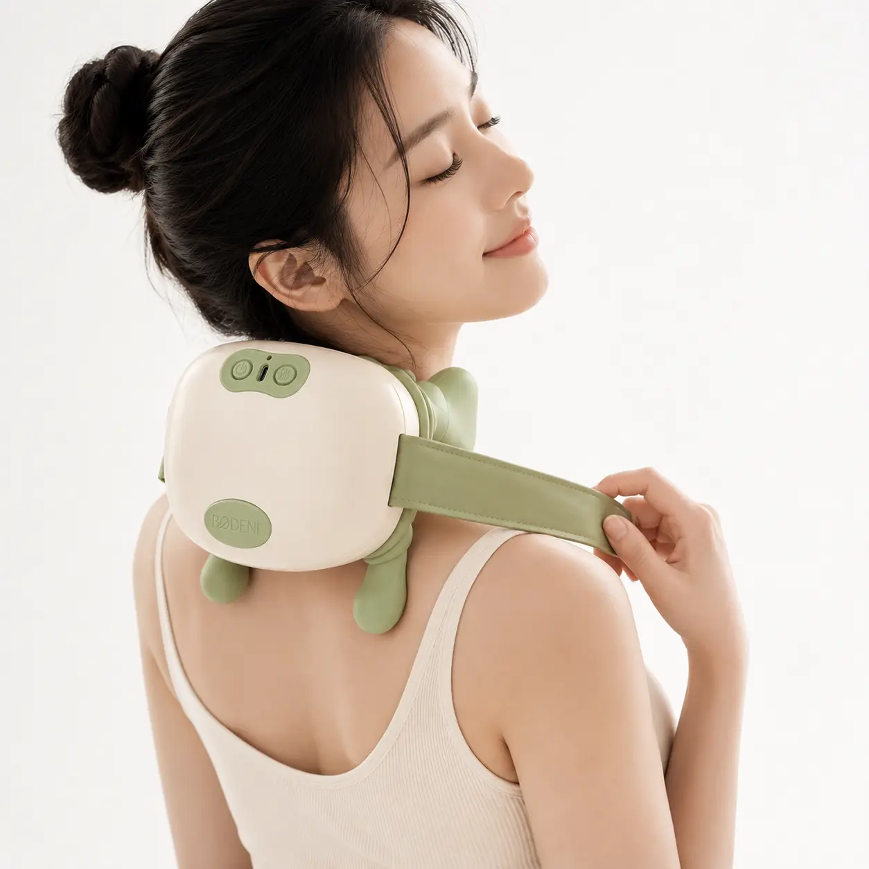 BODENI 목 어깨 마사지기 2단계 온열 무선 강력 승모근 마사지기 저소음 안마기, 그린, XS01