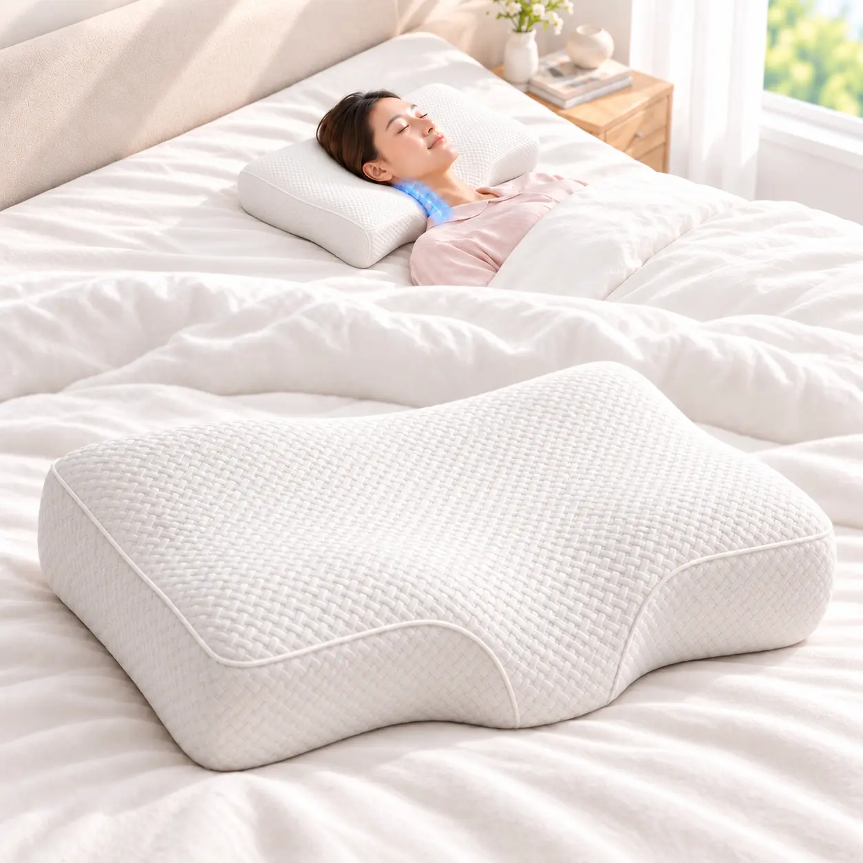 HOMEY NEST 편안한 경추베개 인체공학 이형 설계 초고밀도 메모리폼 숙면 마사지포인트 기능성 베개 AMDHMZ-14, 1개, 화이트