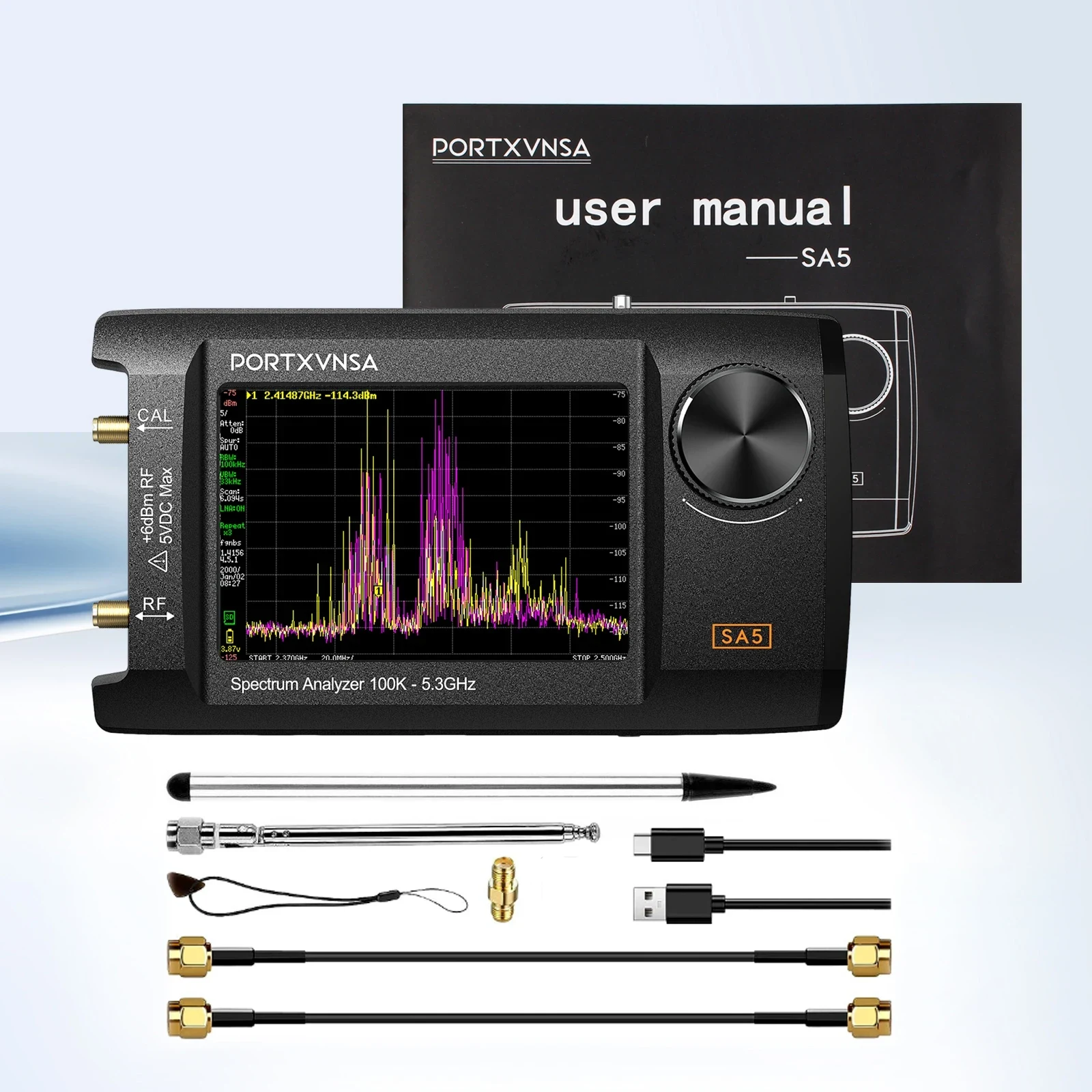 새로운 PORTXVNSA 4인치 IPS LCD SA5 다기능 휴대용 스펙트럼 분석기 100k-5.3GHz 신호 발생기(배터리 포함