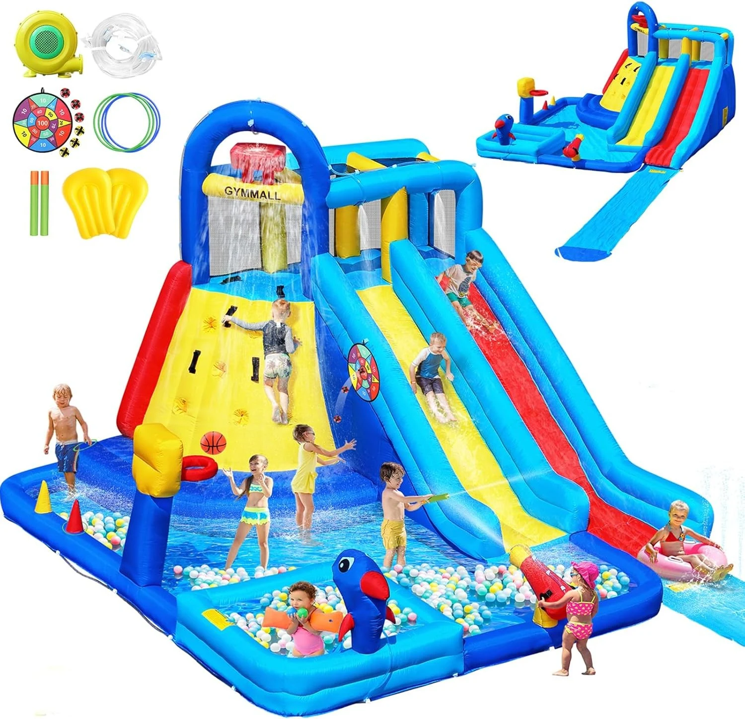 GYMMAL Water Bounce House 30 용 더블 슬라이드 롱 워터 슬라이드가 있는 초대형 풍선 바운시 캐슬 550W 에어 블로워 볼 피트 수영장 등반 파티 생일