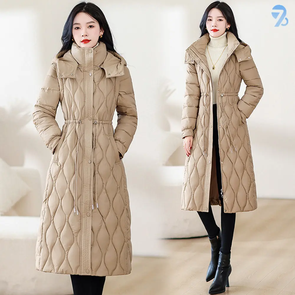 708090 여성용 웨이브 퀼팅 허리조절 후드 롱 패딩 코트 제품 이미지
